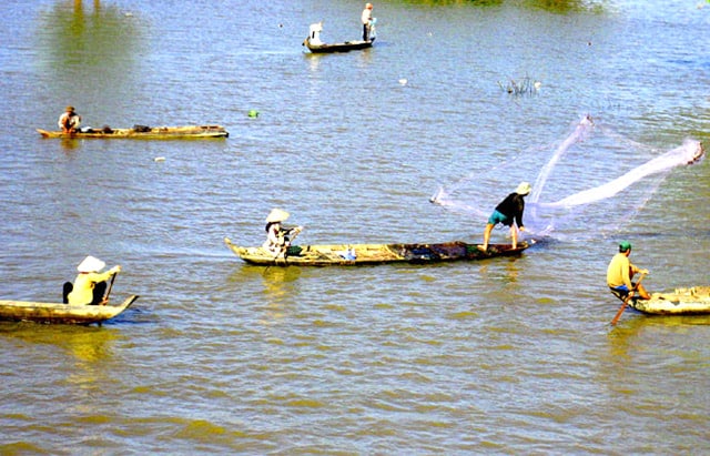 Bắt cá ở cửa sông đổ ra biển Cửa Đại (Ảnh: ST)