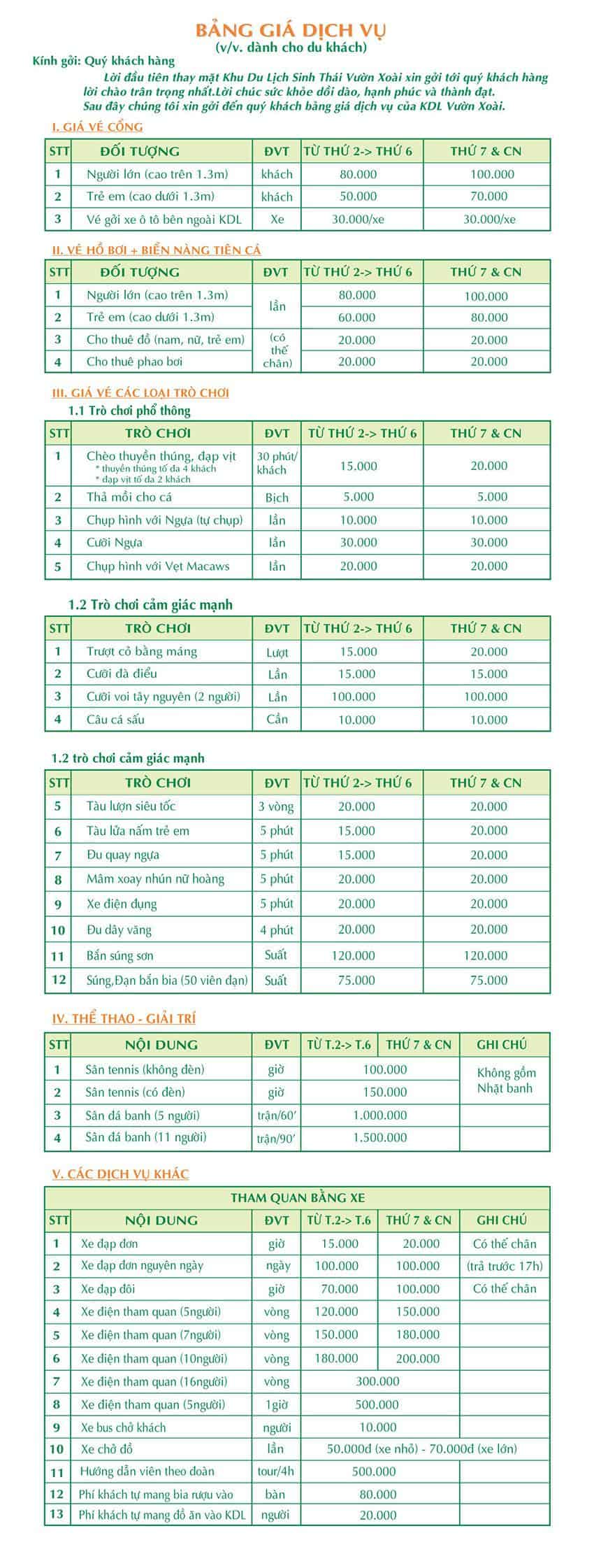 The price list of services at Vuon Xoai tourist site