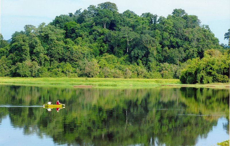 Không gian tràn ngập màu xanh mát, bờ hồ phẳng lặng yên bình