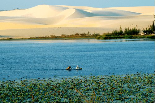 Ngồi thuyền lênh đênh trên hồ khám phá vẻ đẹp của Bàu Trắng