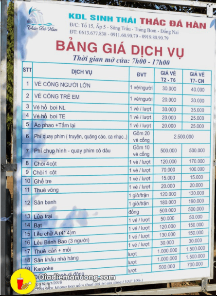 Bảng giá các dịch vụ tại Falls Resort 
