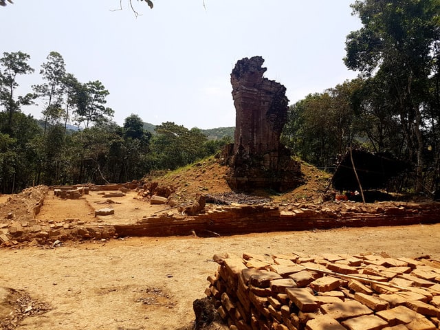 The ancient route just revealed at My Son World Cultural Heritage Site has its beginning at the foot of K tower, also known as the Gate tower, while the end point cannot be determined (ST photo)