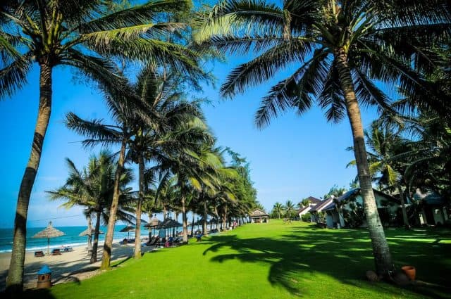Tọa lạc dọc theo Bãi biển Cửa Đại, Palm Garden Beach Resort nằm giữa 5 ha của những khu vườn kiểng đẹp xanh mát (Ảnh ST)