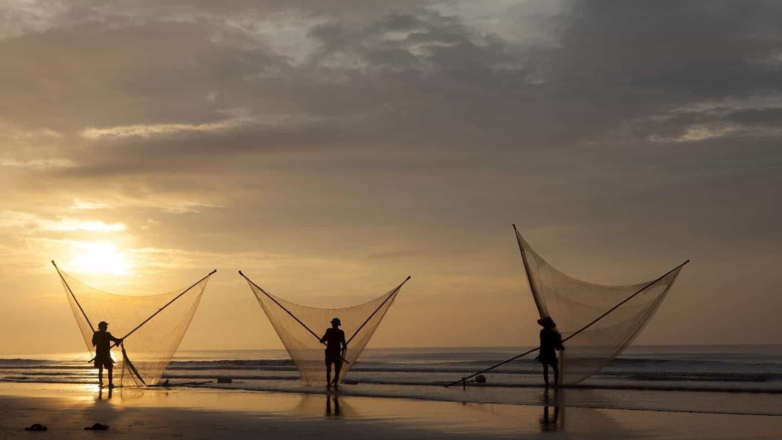 Ngư dân đang đánh bắt cá ở Bãi biển Quất Lâm.