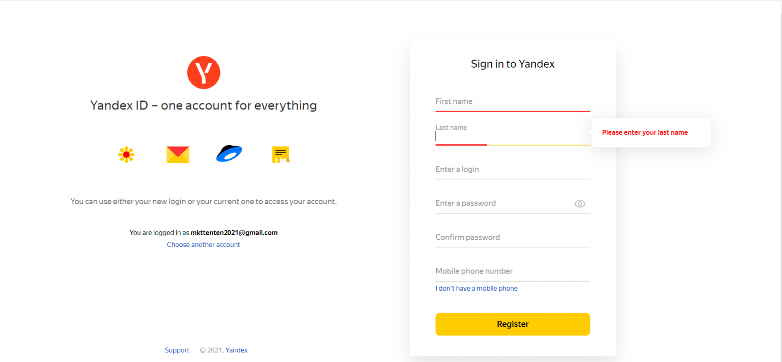 Đăng ký tài khoản Yandex